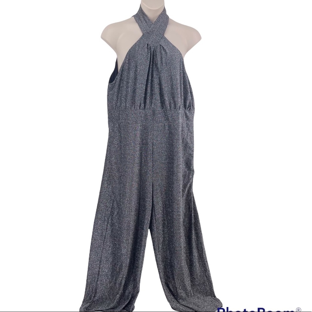 Michael Kors Twist Halter Neck Black/Silver Metallic Jumpsuit 3X